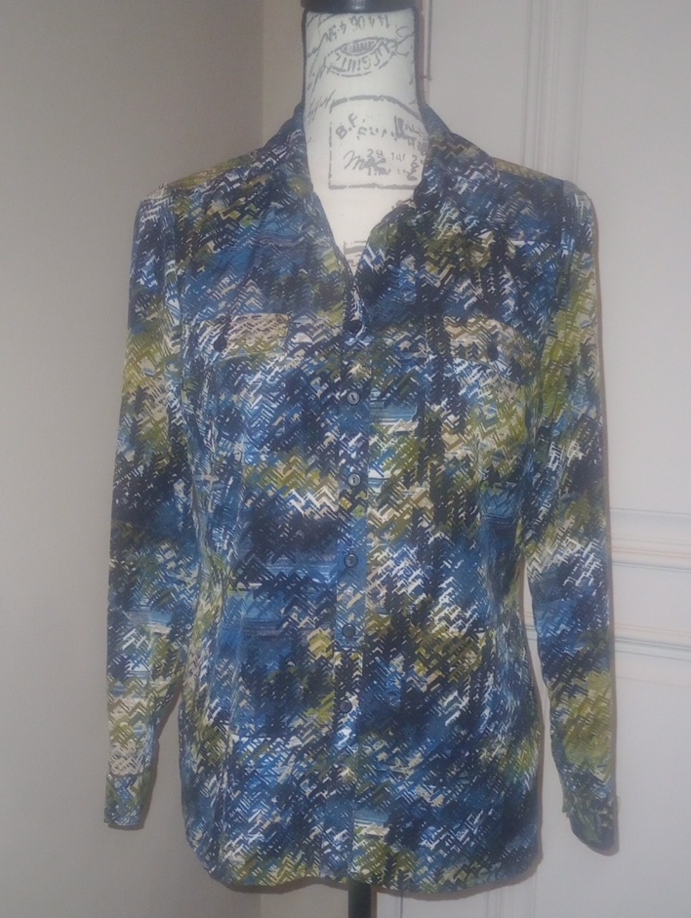 Kim Rogers Abstract Blue & Green Button-Up Blouse